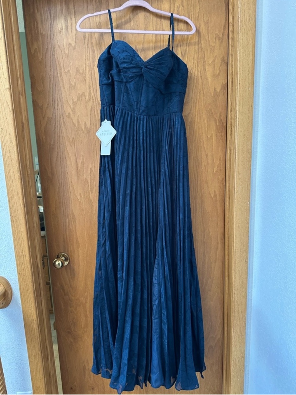 Azazie Akiko Navy Pleated Sweetheart Neckline Maxi Dress - Picture 2 of 5